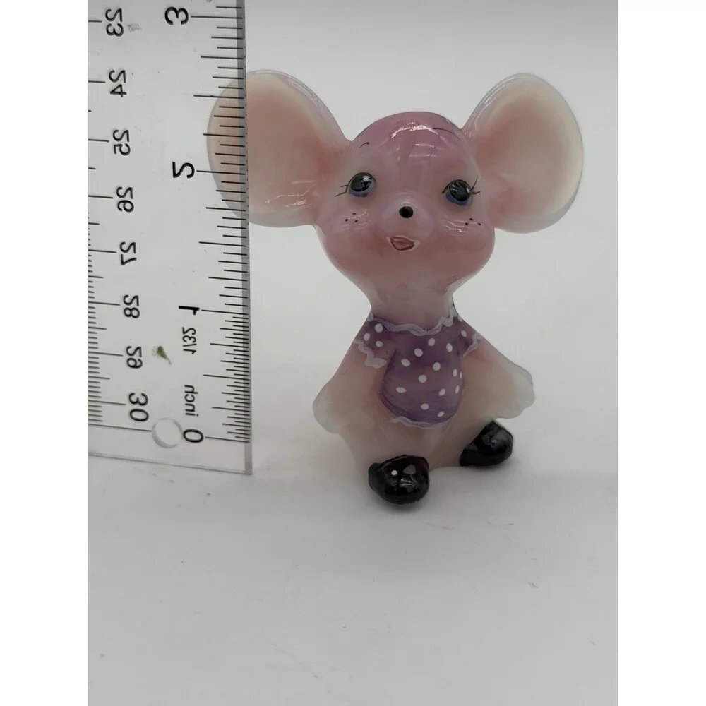 Fenton Art Glass Rosalene Purple Polka Dot Dress Hand Painted Mouse Figurine